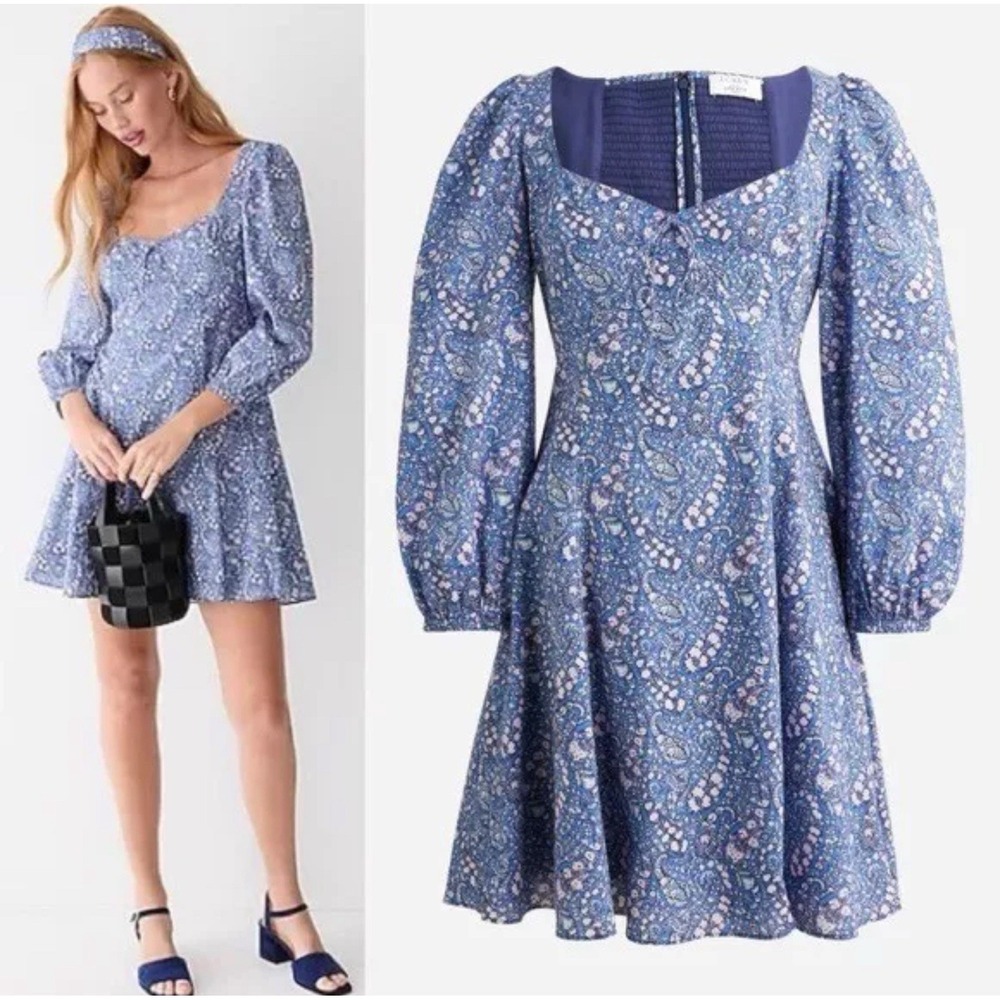 J.Crew Liberty Blue Floral Puff‎ Sleeve Sweetheart Mini Dress Size 14 Milkmaid